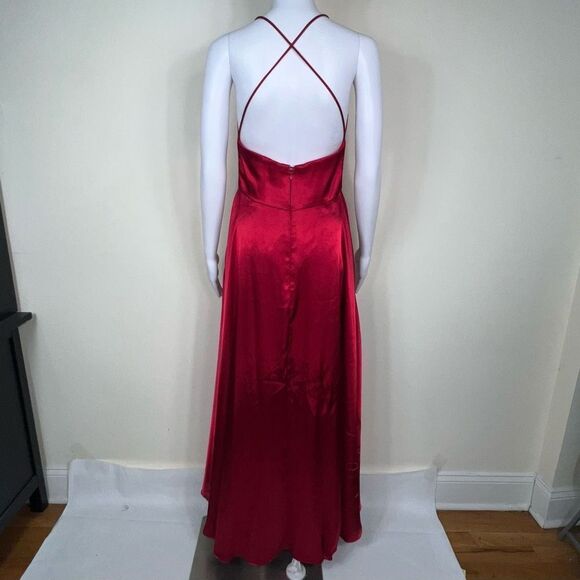 Betsy & Adam Criss Cross Back Spaghetti Strap Satin Gown - Picture 12 of 14